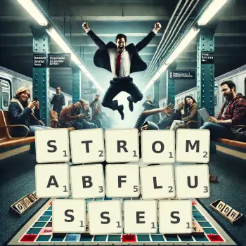 Kreative Illustration für ein Scrabble-Spiel, bei dem das Wort STROMABFLUSSES mit Steinen auf dem Brett gelegt wurde.