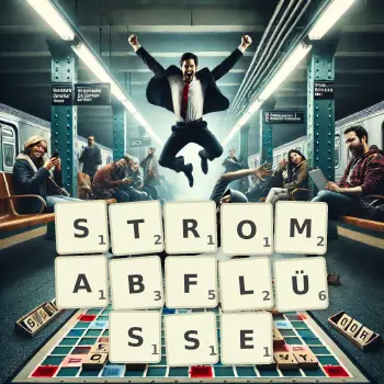 Kreative Illustration für ein Scrabble-Spiel, bei dem das Wort STROMABFLÜSSE mit Steinen auf dem Brett gelegt wurde.