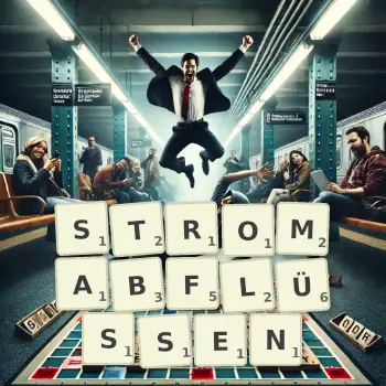 Kreative Illustration für ein Scrabble-Spiel, bei dem das Wort STROMABFLÜSSEN mit Steinen auf dem Brett gelegt wurde.