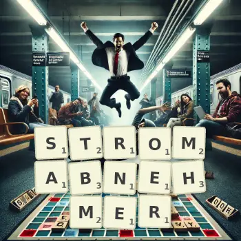 Kreative Illustration für ein Scrabble-Spiel, bei dem das Wort STROMABNEHMER mit Steinen auf dem Brett gelegt wurde.