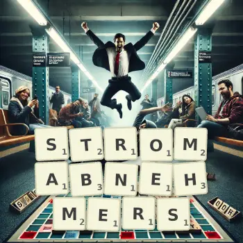 Kreative Illustration für ein Scrabble-Spiel, bei dem das Wort STROMABNEHMERS mit Steinen auf dem Brett gelegt wurde.