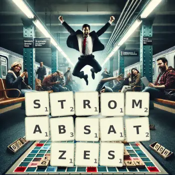 Kreative Illustration für ein Scrabble-Spiel, bei dem das Wort STROMABSATZES mit Steinen auf dem Brett gelegt wurde.