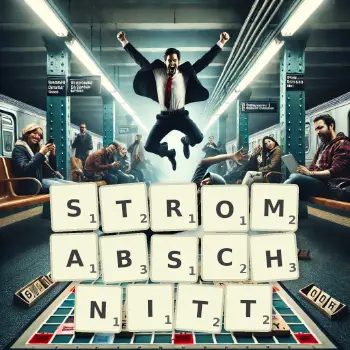 Kreative Illustration für ein Scrabble-Spiel, bei dem das Wort STROMABSCHNITT mit Steinen auf dem Brett gelegt wurde.