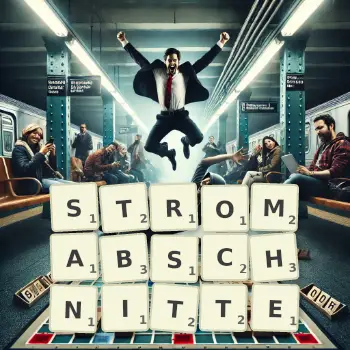 Kreative Illustration für ein Scrabble-Spiel, bei dem das Wort STROMABSCHNITTE mit Steinen auf dem Brett gelegt wurde.