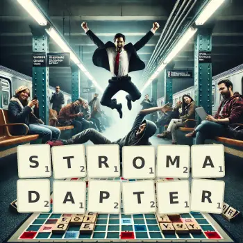 Kreative Illustration für ein Scrabble-Spiel, bei dem das Wort STROMADAPTER mit Steinen auf dem Brett gelegt wurde.