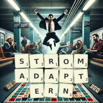 Kreative Illustration für ein Scrabble-Spiel, bei dem das Wort STROMADAPTERN mit Steinen auf dem Brett gelegt wurde.