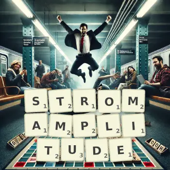 Kreative Illustration für ein Scrabble-Spiel, bei dem das Wort STROMAMPLITUDE mit Steinen auf dem Brett gelegt wurde.