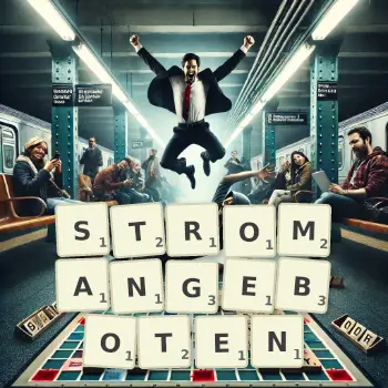 Kreative Illustration für ein Scrabble-Spiel, bei dem das Wort STROMANGEBOTEN mit Steinen auf dem Brett gelegt wurde.