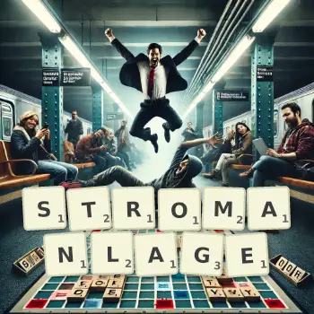 Kreative Illustration für ein Scrabble-Spiel, bei dem das Wort STROMANLAGE mit Steinen auf dem Brett gelegt wurde.