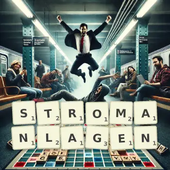 Kreative Illustration für ein Scrabble-Spiel, bei dem das Wort STROMANLAGEN mit Steinen auf dem Brett gelegt wurde.