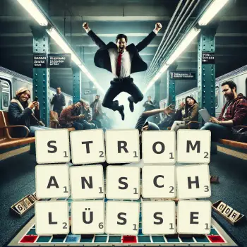 Kreative Illustration für ein Scrabble-Spiel, bei dem das Wort STROMANSCHLÜSSE mit Steinen auf dem Brett gelegt wurde.