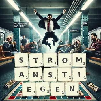 Kreative Illustration für ein Scrabble-Spiel, bei dem das Wort STROMANSTIEGEN mit Steinen auf dem Brett gelegt wurde.