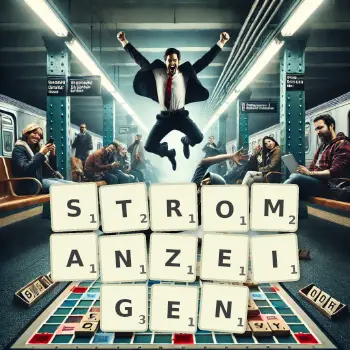 Kreative Illustration für ein Scrabble-Spiel, bei dem das Wort STROMANZEIGEN mit Steinen auf dem Brett gelegt wurde.