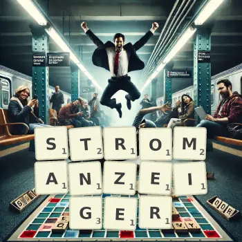 Kreative Illustration für ein Scrabble-Spiel, bei dem das Wort STROMANZEIGER mit Steinen auf dem Brett gelegt wurde.
