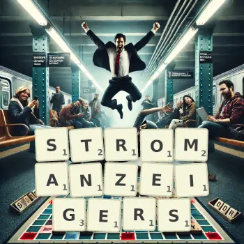 Kreative Illustration für ein Scrabble-Spiel, bei dem das Wort STROMANZEIGERS mit Steinen auf dem Brett gelegt wurde.