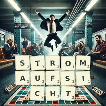 Kreative Illustration für ein Scrabble-Spiel, bei dem das Wort STROMAUFSICHT mit Steinen auf dem Brett gelegt wurde.