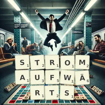 Kreative Illustration für ein Scrabble-Spiel, bei dem das Wort STROMAUFWÄRTS mit Steinen auf dem Brett gelegt wurde.