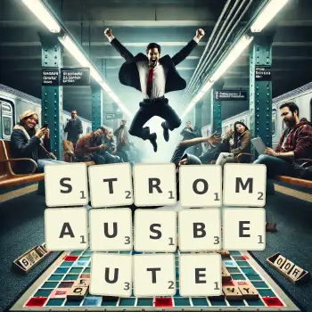 Kreative Illustration für ein Scrabble-Spiel, bei dem das Wort STROMAUSBEUTE mit Steinen auf dem Brett gelegt wurde.
