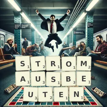 Kreative Illustration für ein Scrabble-Spiel, bei dem das Wort STROMAUSBEUTEN mit Steinen auf dem Brett gelegt wurde.