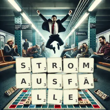 Kreative Illustration für ein Scrabble-Spiel, bei dem das Wort STROMAUSFÄLLE mit Steinen auf dem Brett gelegt wurde.