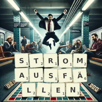 Kreative Illustration für ein Scrabble-Spiel, bei dem das Wort STROMAUSFÄLLEN mit Steinen auf dem Brett gelegt wurde.
