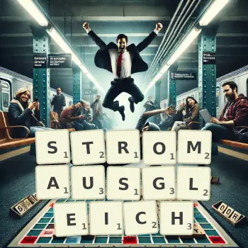Kreative Illustration für ein Scrabble-Spiel, bei dem das Wort STROMAUSGLEICH mit Steinen auf dem Brett gelegt wurde.