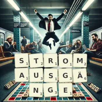 Kreative Illustration für ein Scrabble-Spiel, bei dem das Wort STROMAUSGÄNGE mit Steinen auf dem Brett gelegt wurde.
