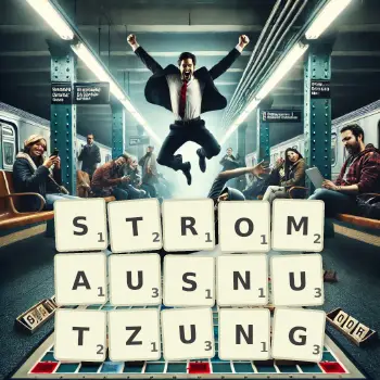 Kreative Illustration für ein Scrabble-Spiel, bei dem das Wort STROMAUSNUTZUNG mit Steinen auf dem Brett gelegt wurde.