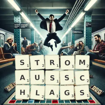 Kreative Illustration für ein Scrabble-Spiel, bei dem das Wort STROMAUSSCHLAGS mit Steinen auf dem Brett gelegt wurde.