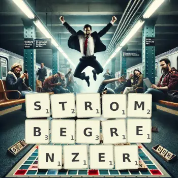 Kreative Illustration für ein Scrabble-Spiel, bei dem das Wort STROMBEGRENZER mit Steinen auf dem Brett gelegt wurde.