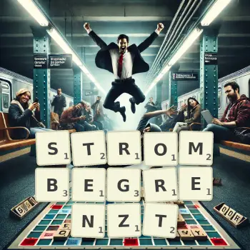 Kreative Illustration für ein Scrabble-Spiel, bei dem das Wort STROMBEGRENZT mit Steinen auf dem Brett gelegt wurde.
