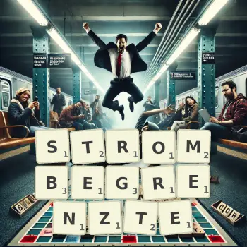 Kreative Illustration für ein Scrabble-Spiel, bei dem das Wort STROMBEGRENZTE mit Steinen auf dem Brett gelegt wurde.