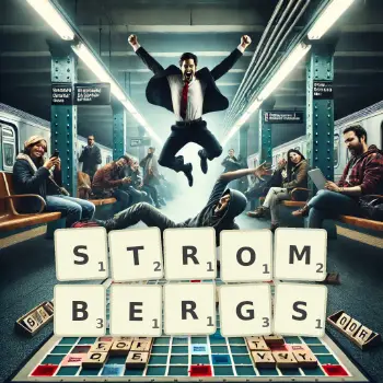 Kreative Illustration für ein Scrabble-Spiel, bei dem das Wort STROMBERGS mit Steinen auf dem Brett gelegt wurde.