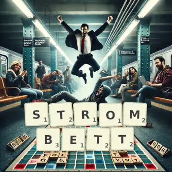 Kreative Illustration für ein Scrabble-Spiel, bei dem das Wort STROMBETT mit Steinen auf dem Brett gelegt wurde.