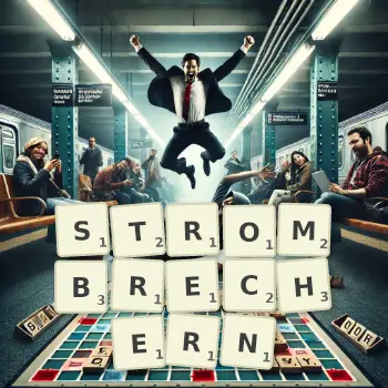 Kreative Illustration für ein Scrabble-Spiel, bei dem das Wort STROMBRECHERN mit Steinen auf dem Brett gelegt wurde.