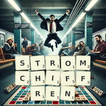 Kreative Illustration für ein Scrabble-Spiel, bei dem das Wort STROMCHIFFREN mit Steinen auf dem Brett gelegt wurde.