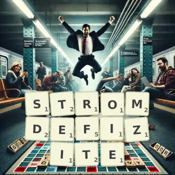 Kreative Illustration für ein Scrabble-Spiel, bei dem das Wort STROMDEFIZITE mit Steinen auf dem Brett gelegt wurde.