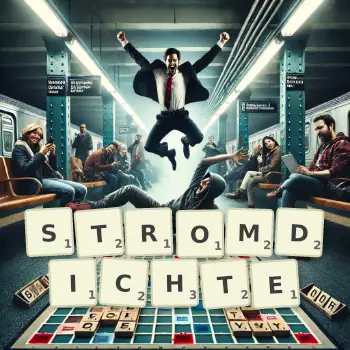 Kreative Illustration für ein Scrabble-Spiel, bei dem das Wort STROMDICHTE mit Steinen auf dem Brett gelegt wurde.