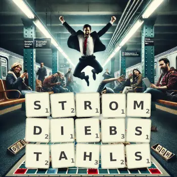 Kreative Illustration für ein Scrabble-Spiel, bei dem das Wort STROMDIEBSTAHLS mit Steinen auf dem Brett gelegt wurde.