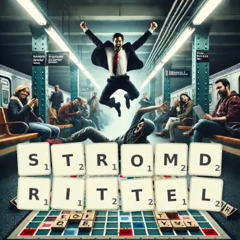 Kreative Illustration für ein Scrabble-Spiel, bei dem das Wort STROMDRITTEL mit Steinen auf dem Brett gelegt wurde.