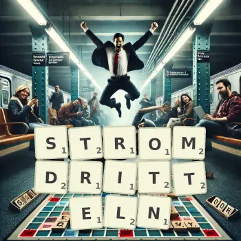 Kreative Illustration für ein Scrabble-Spiel, bei dem das Wort STROMDRITTELN mit Steinen auf dem Brett gelegt wurde.