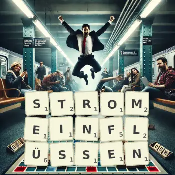 Kreative Illustration für ein Scrabble-Spiel, bei dem das Wort STROMEINFLÜSSEN mit Steinen auf dem Brett gelegt wurde.