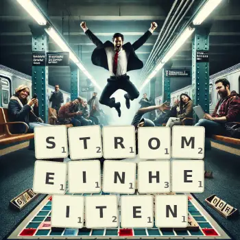Kreative Illustration für ein Scrabble-Spiel, bei dem das Wort STROMEINHEITEN mit Steinen auf dem Brett gelegt wurde.