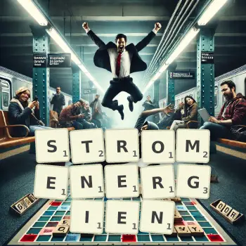 Kreative Illustration für ein Scrabble-Spiel, bei dem das Wort STROMENERGIEN mit Steinen auf dem Brett gelegt wurde.