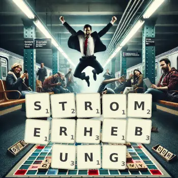Kreative Illustration für ein Scrabble-Spiel, bei dem das Wort STROMERHEBUNG mit Steinen auf dem Brett gelegt wurde.