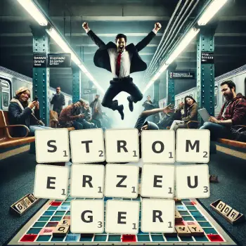 Kreative Illustration für ein Scrabble-Spiel, bei dem das Wort STROMERZEUGER mit Steinen auf dem Brett gelegt wurde.