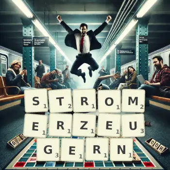 Kreative Illustration für ein Scrabble-Spiel, bei dem das Wort STROMERZEUGERN mit Steinen auf dem Brett gelegt wurde.