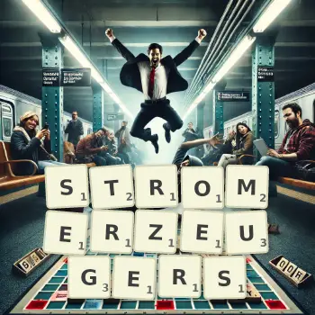 Kreative Illustration für ein Scrabble-Spiel, bei dem das Wort STROMERZEUGERS mit Steinen auf dem Brett gelegt wurde.