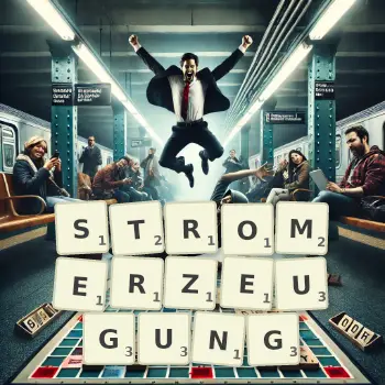 Kreative Illustration für ein Scrabble-Spiel, bei dem das Wort STROMERZEUGUNG mit Steinen auf dem Brett gelegt wurde.