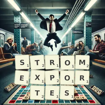 Kreative Illustration für ein Scrabble-Spiel, bei dem das Wort STROMEXPORTES mit Steinen auf dem Brett gelegt wurde.